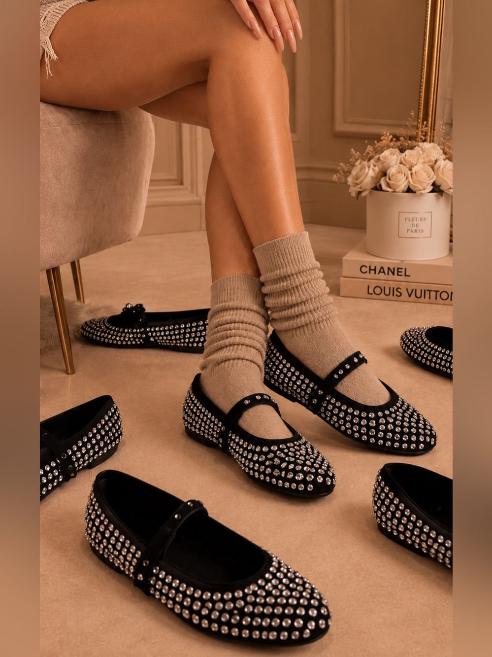 CHASE & CHLOE black silver rhinestone Studded Mary Jane ballet Flat shoes size 7